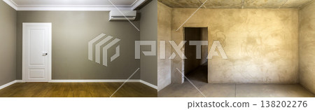 Comparison of a room in an apartment before and after renovation. New house. 138202276