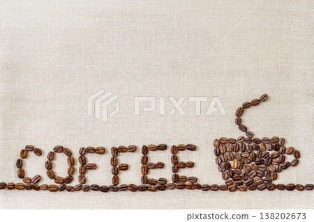 Burlap Sackcloth Canvas and Coffee Beans Photo Background. Copy Space. Coffee Border 138202673