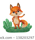 A red fox cub, a cartoon character on a green meadow. In a flat style. Watercolor, pastel, gouache. Design element for children's products: printing, stationery, packaging, textiles, wallpapers 138203297