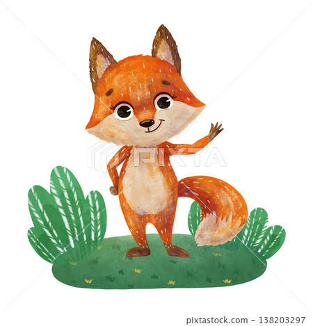 A red fox cub, a cartoon character on a green meadow. In a flat style. Watercolor, pastel, gouache. Design element for children's products: printing, stationery, packaging, textiles, wallpapers A red fox cub, a cartoon character on a green meadow. In a flat style. Watercolor, pastel, gouache. Design element for children's products: printing, stationery, packaging, textiles, wallpapers 138203297