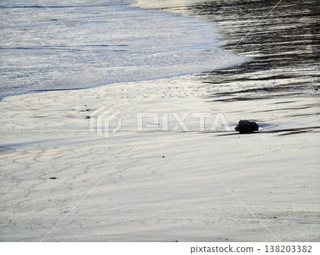 Quiet seaside scene with reflective sands, Tranquil coastal setting illuminated softly at sunset Quiet seaside scene with reflective sands, Tranquil coastal setting illuminated softly at sunset 138203382