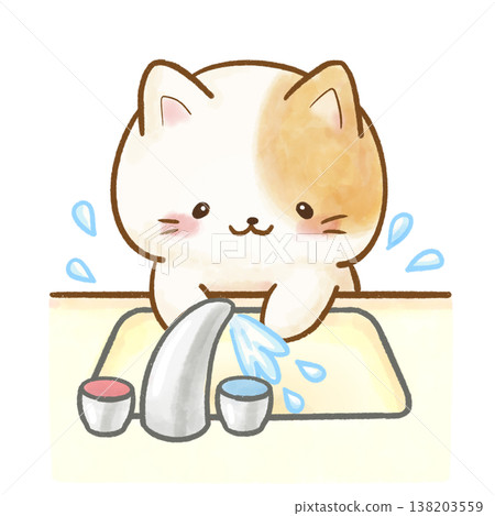 一幅明亮柔和的水彩插畫，描繪了一隻白貓正在用肥皂洗手。透明背景（白色背景）。適用於洗手、衛生和健康教育材料。 138203559