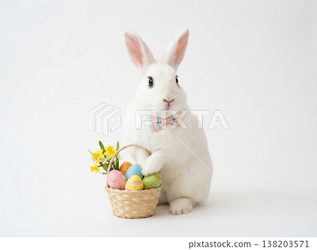 White easter bunny wearing bow tie holding basket of colorful eggs against white background, studio shot, white rabbit 138203571