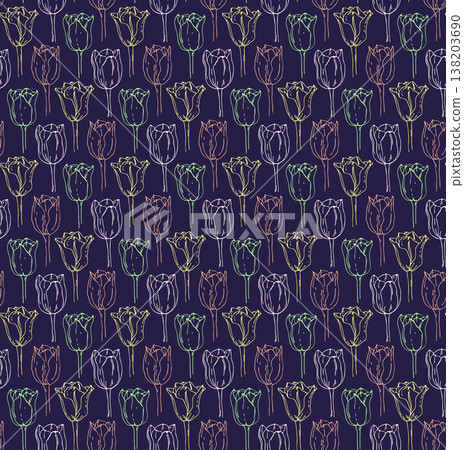 Tulip Flower Botanical seamless Pattern. Minimal colourful plant hand-drawn graphic abstract sketch ink freehand contour, brush pen floral drawing, rustic meadow backdrop Tulip Flower Botanical seamless Pattern. Minimal colourful plant hand-drawn graphic abstract sketch ink freehand contour, brush pen floral drawing, rustic meadow backdrop 138203690