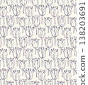 Tulip Flower Botanical seamless Pattern. Minimal plant hand-drawn graphic abstract sketch ink black and white freehand brush pen floral drawing, rustic meadow backdrop. 138203691