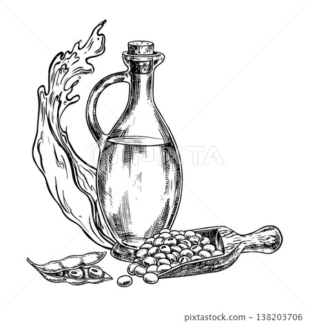 Soybean oil. A glass bottle, a handful of soybeans in a wooden scoop, and a splash of oil. Black and white vector graphics. For menus, recipes, and cookbooks. For banners, packaging, labels, and more. 138203706