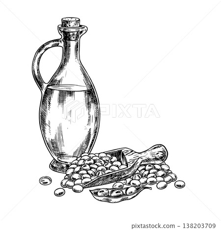 Soybean oil. A glass bottle and a handful of soybeans in a wooden scoop. Black and white vector graphics. For menus, recipes, and cookbooks. For banners, packaging, labels, and more. 138203709