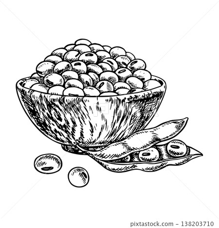 Soybeans in a wooden bowl and a soy pod. Black and white vector graphic illustration. Isolate. Perfect for creating product labels, posters, banners, menus, and more. Soybeans in a wooden bowl and a soy pod. Black and white vector graphic illustration. Isolate. Perfect for creating product labels, posters, banners, menus, and more. 138203710