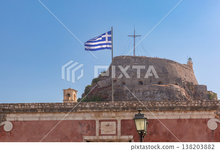 Old Fortress entrance with Greek flag in Corfu Town, Greece Old Fortress entrance with Greek flag in Corfu Town, Greece 138203882