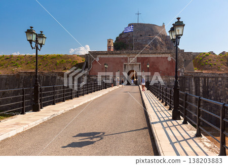 Old Fortress entrance with Greek flag in Corfu Town, Greece 138203883