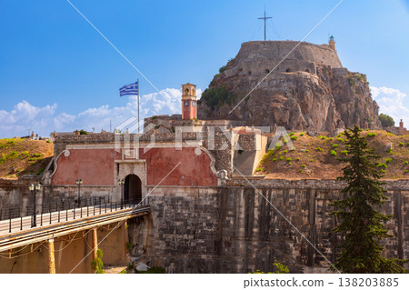Old Fortress entrance with Greek flag in Corfu Town, Greece 138203885
