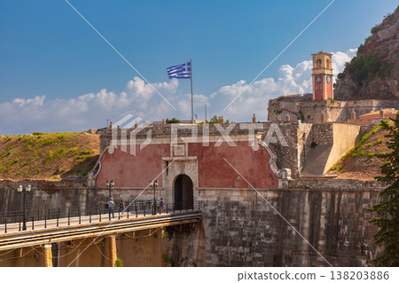 Old Fortress entrance with Greek flag in Corfu Town, Greece 138203886