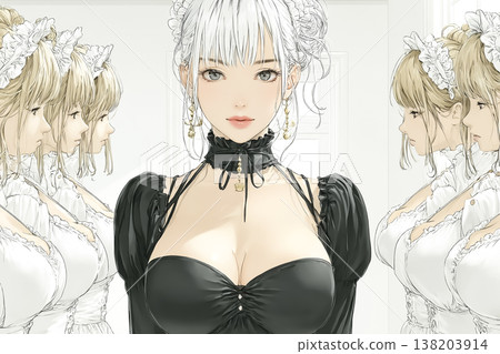 An illustration of a gothic maid with striking black and white attire. 138203914