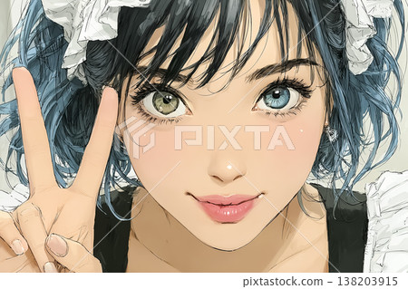 An illustration of a maid cafe employee making a V-sign. 138203915