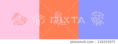 Imperfect hand drawn funny cats on summer vacation. Set of colorful minimalist square cards with weird doodle animals sunbathing and eating watermelon. Sketch scribble vector illustration for print. 138203975