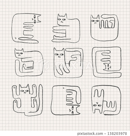 Imperfect hand drawn funny cats in square shapes. Set of weird doodle outline animals on grid background. Sketch scribble gray slate-pencil vector illustration for funky tattoo, sticker or kids print. Imperfect hand drawn funny cats in square shapes. Set of weird doodle outline animals on grid background. Sketch scribble gray slate-pencil vector illustration for funky tattoo, sticker or kids print. 138203978