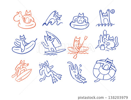 Imperfect hand drawn cute cats summer set. Funny doodle animals on beach with surfboard, kayak and swimming ring. Scribble blue ink sketch outline vector illustration for funky kids t-shirt print. 138203979