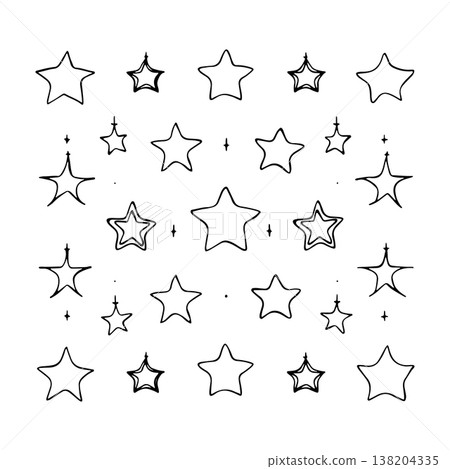 Unique pattern of outlined stars in various sizes on a white background perfect for design projects and creative uses Unique pattern of outlined stars in various sizes on a white background perfect for design projects and creative uses 138204335