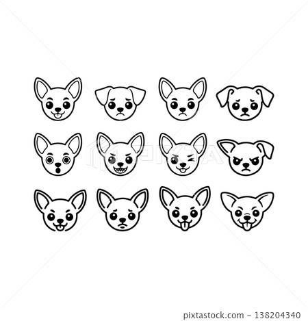 Charming collection of cartoon dog faces showing various expressions in a simple, playful design Charming collection of cartoon dog faces showing various expressions in a simple, playful design 138204340