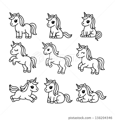 Cute unicorn sketches in different poses on a clean white background showcasing playful and whimsical designs 138204346