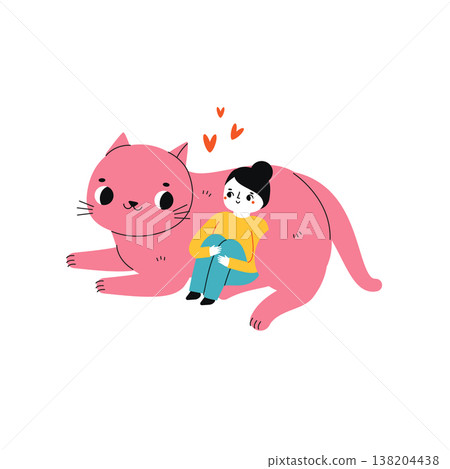 Girl with cat. Pets lover. Animal and human friendship concept illustration Girl with cat. Pets lover. Animal and human friendship concept illustration 138204438