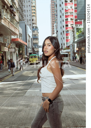 Asian Woman Smiling on Kennedy Town Street Hong Kong 138204514