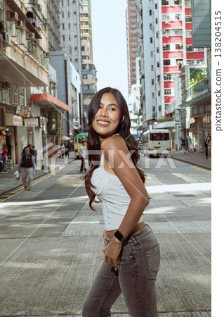 Asian Woman Smiling on Kennedy Town Street Hong Kong Asian Woman Smiling on Kennedy Town Street Hong Kong 138204515