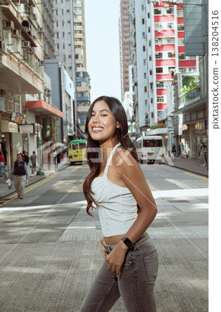 Asian Woman Smiling on Kennedy Town Street Hong Kong 138204516