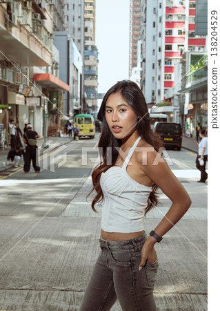 Asian Woman Smiling on Kennedy Town Street Hong Kong Asian Woman Smiling on Kennedy Town Street Hong Kong 138204529