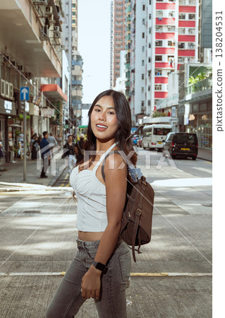 Asian Woman Smiling on Kennedy Town Street Hong Kong 138204531