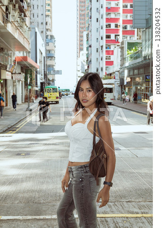 Asian Woman Smiling on Kennedy Town Street Hong Kong Asian Woman Smiling on Kennedy Town Street Hong Kong 138204532