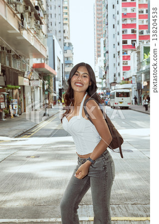Asian Woman Smiling on Kennedy Town Street Hong Kong Asian Woman Smiling on Kennedy Town Street Hong Kong 138204538
