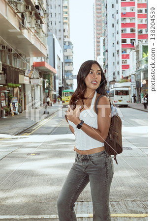 Asian Woman Smiling on Kennedy Town Street Hong Kong Asian Woman Smiling on Kennedy Town Street Hong Kong 138204539