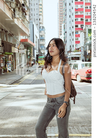 Asian Woman Smiling on Kennedy Town Street Hong Kong 138204542