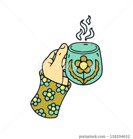 Hand drawn hygge doodle hand holding coffee cup or tea mug icon vector illustration. Cozy hot beverage break clipart 138204632