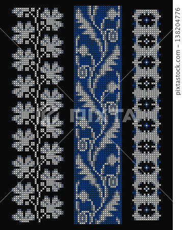 Ukrainian Cross-Stitch Folk Set Blue Black Background 138204776