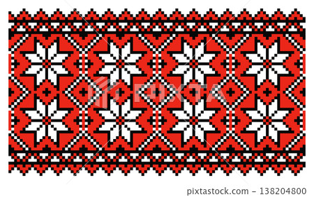 Ukrainian Pixel Eight-Pointed Star on Red Motif Ukrainian Pixel Eight-Pointed Star on Red Motif 138204800