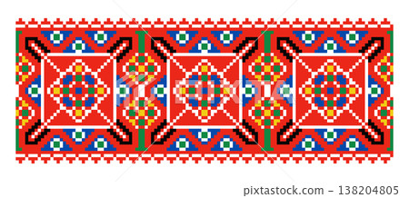 Ukrainian Pixel Geometric Square Motif Red Base Ukrainian Pixel Geometric Square Motif Red Base 138204805