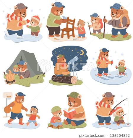 Cute illustrations set for Fathers Day Holiday. Father and son spending time together. Cute illustrations set for Fathers Day Holiday. Father and son spending time together. 138204832