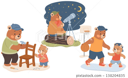 Cute illustrations set for Fathers Day Holiday. Father and son spending time together. Cute illustrations set for Fathers Day Holiday. Father and son spending time together. 138204835