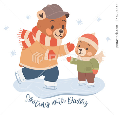 Papa bear and son ice skating together. Cute illustration for Fathers Day Holiday Papa bear and son ice skating together. Cute illustration for Fathers Day Holiday 138204838