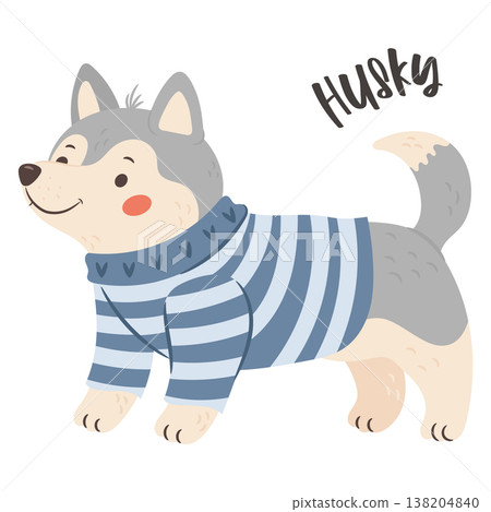 Husky dog wearing navy striped sweater in cozy winter fashion illustration Husky dog wearing navy striped sweater in cozy winter fashion illustration 138204840