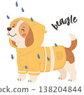 Beagle dog wearing yellow raincoat with hood in cute rainy weather fashion illustration 138204844