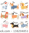 Set of cute dogs wearing fashionable outfits in playful style 138204851