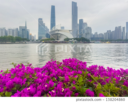 Guangzhou Shenzhen City skyline. Vibrant purple blooms frame a serene waterfront Guangzhou Shenzhen City skyline. Vibrant purple blooms frame a serene waterfront 138204860
