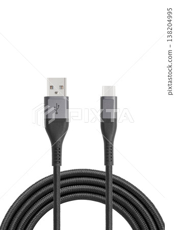 Black cable for charging and synchronization with Type - C, USB, Micro USB, Lightning connectors on a white background 138204995