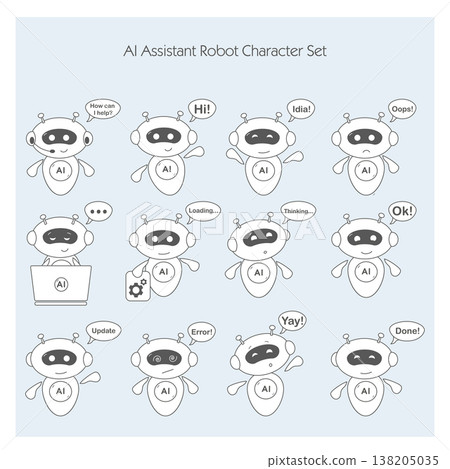 AI Assistant Robot Character Set, Chatbot UI Icons, Customer Support Bot, Vector Illustration Collection AI Assistant Robot Character Set, Chatbot UI Icons, Customer Support Bot, Vector Illustration Collection 138205035