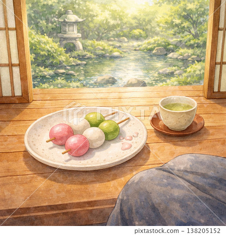 團子系列：典型的日本場景，在陽台上享用團子。 138205152