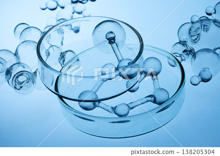 Abstract cosmetic lab. Scientific research concept with molecules and petri dish 138205304