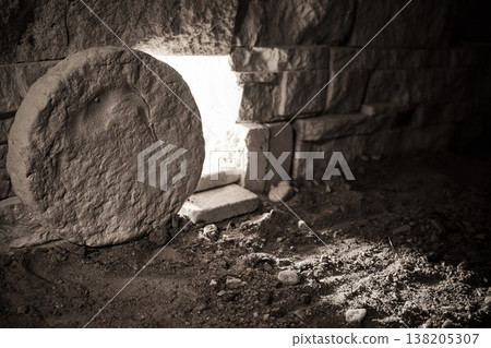 Empty tomb of jesus christ, darkness and light Empty tomb of jesus christ, darkness and light 138205307